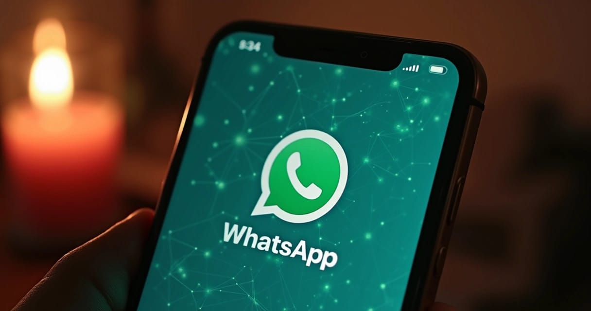 Pessoa usando smartphone com tela do WhatsApp aberta e gráficos de mensagens e comunicação ao redor