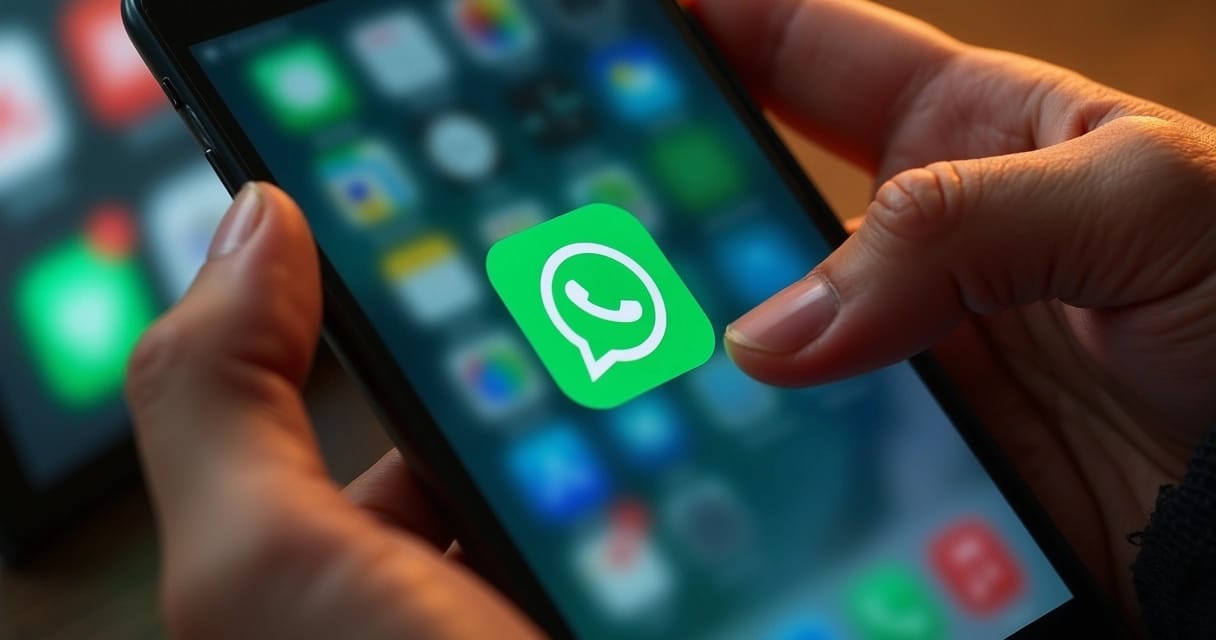 Tela de celular exibindo mensagem de erro ao enviar notificação automatizada pelo WhatsApp, com interface de app moderna e elementos digitais ao redor