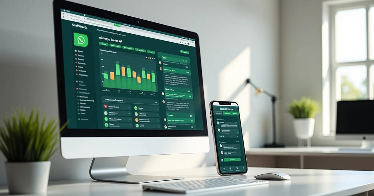 Interface moderna de plataforma de WhatsApp Business API em tela de computador, com gráficos de desempenho e automação de mensagens