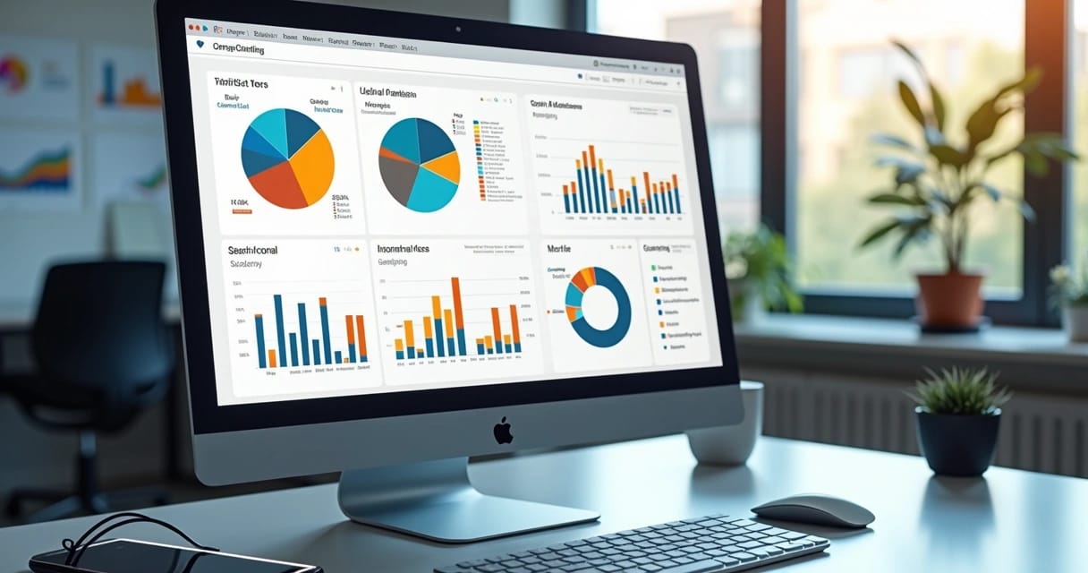 Interface colorida e detalhada mostrando dashboard de análise de tráfego orgânico multicanais com gráficos, mapas de calor e estatísticas de desempenho