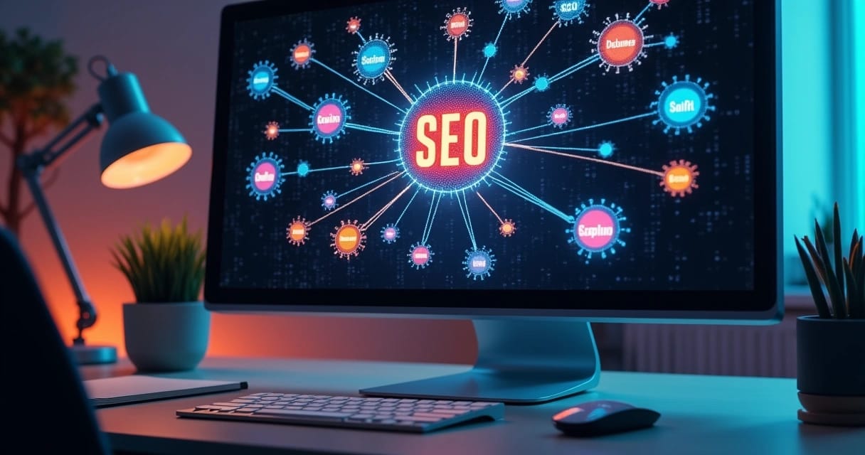 Ilustração realista de uma tela de computador mostrando um cluster temático de SEO com vários tópicos interligados por linhas em um fundo escuro