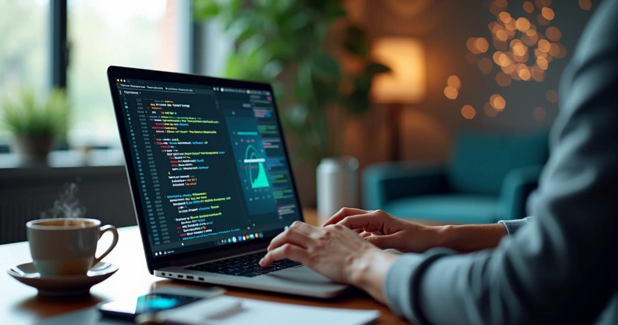Pessoa trabalhando no computador com tela exibindo código e gráficos de inteligência artificial