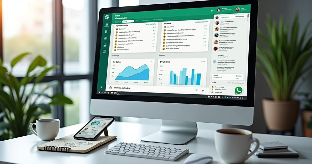 Tela de computador mostrando integração entre WhatsApp e área de membros com gráficos de retenção e mensagens automatizadas