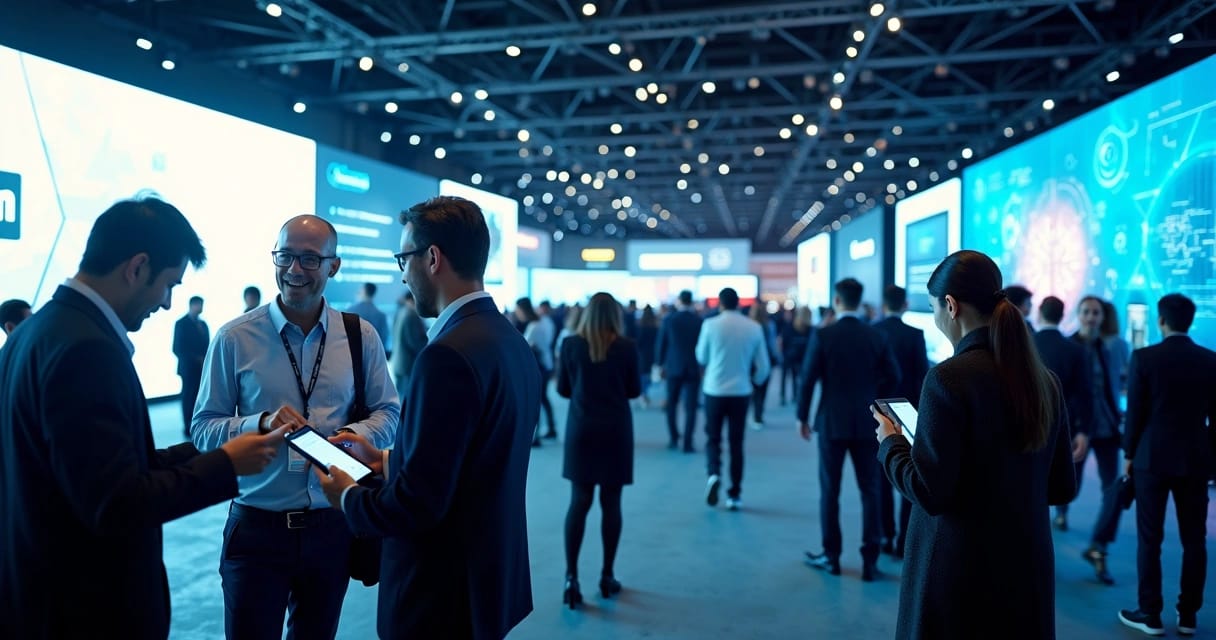 Pessoas conversando e trocando cartões em evento de tecnologia com estandes modernos e telas digitais ao fundo