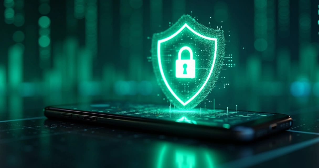 Tela de smartphone mostrando aplicativo WhatsApp com escudo de proteção digital e cadeado ao fundo