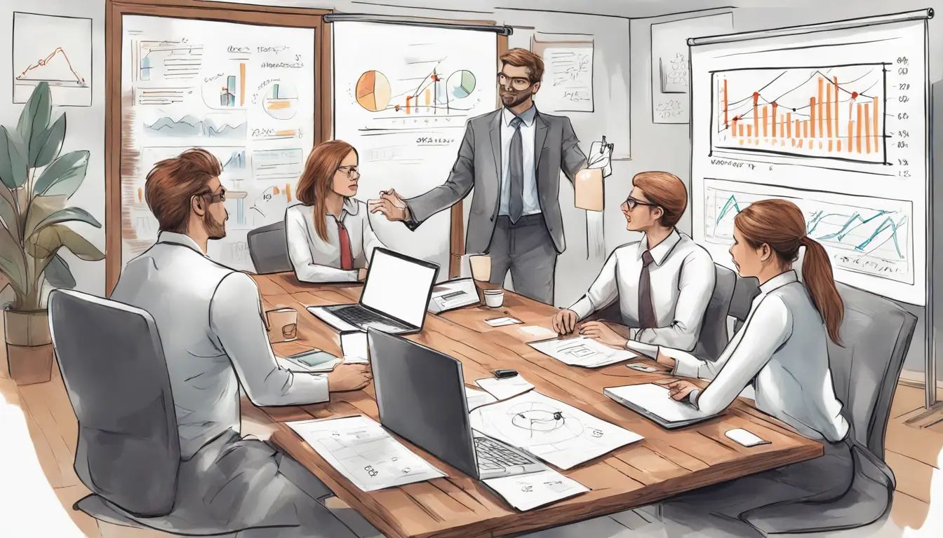 Grupo de executivos discutindo objetivos e resultados chave em um escritório com quadro branco e laptops na mesa.