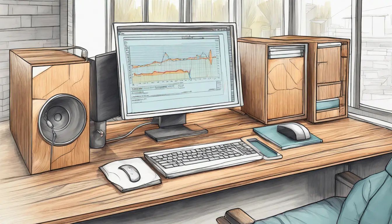 Funil de vendas em uma tela de computador, com gráficos coloridos, em um escritório moderno com mesa de madeira.