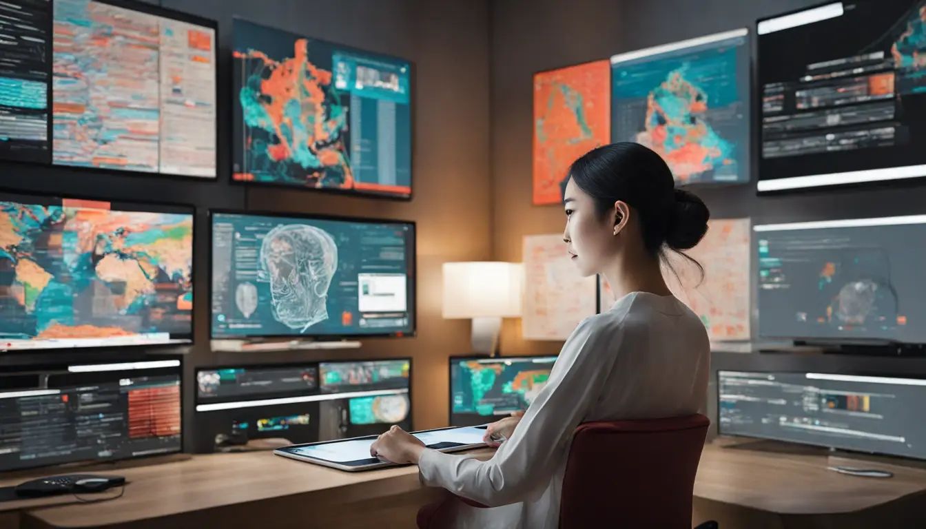 Mulher ao lado de um robô assistente, ambos observando um grande monitor com gráficos de dados em um escritório moderno.