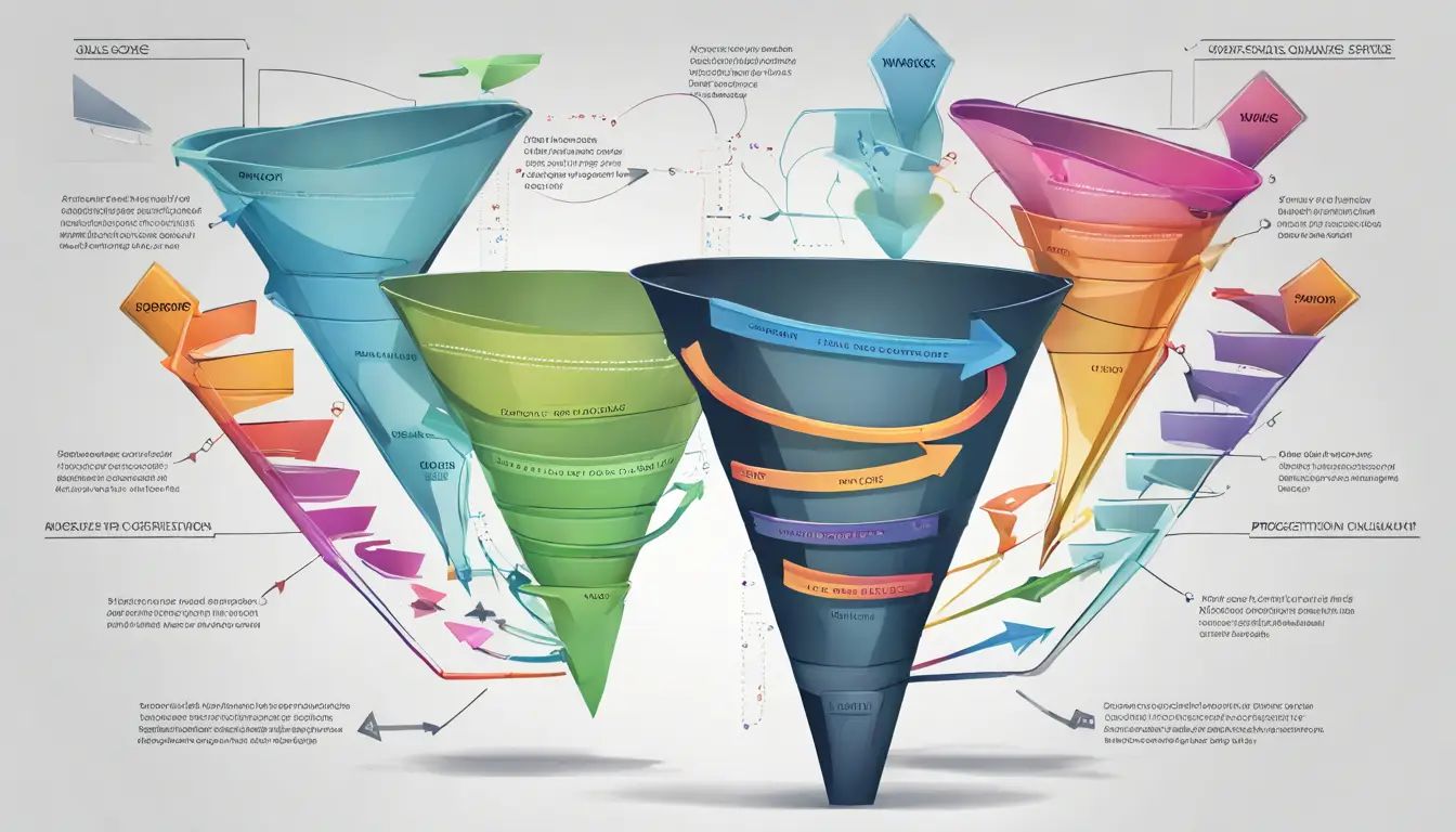 Diagrama de funil de vendas com setas coloridas representando etapas de prospecção à conversão em um escritório moderno.