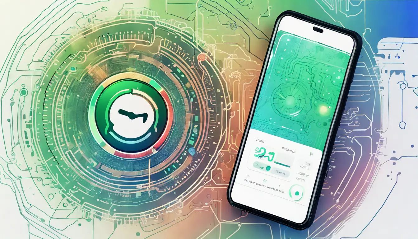 Painel de conversa do WhatsApp em smartphone com medidor de temperatura digital e rede de circuitos azul e verde.