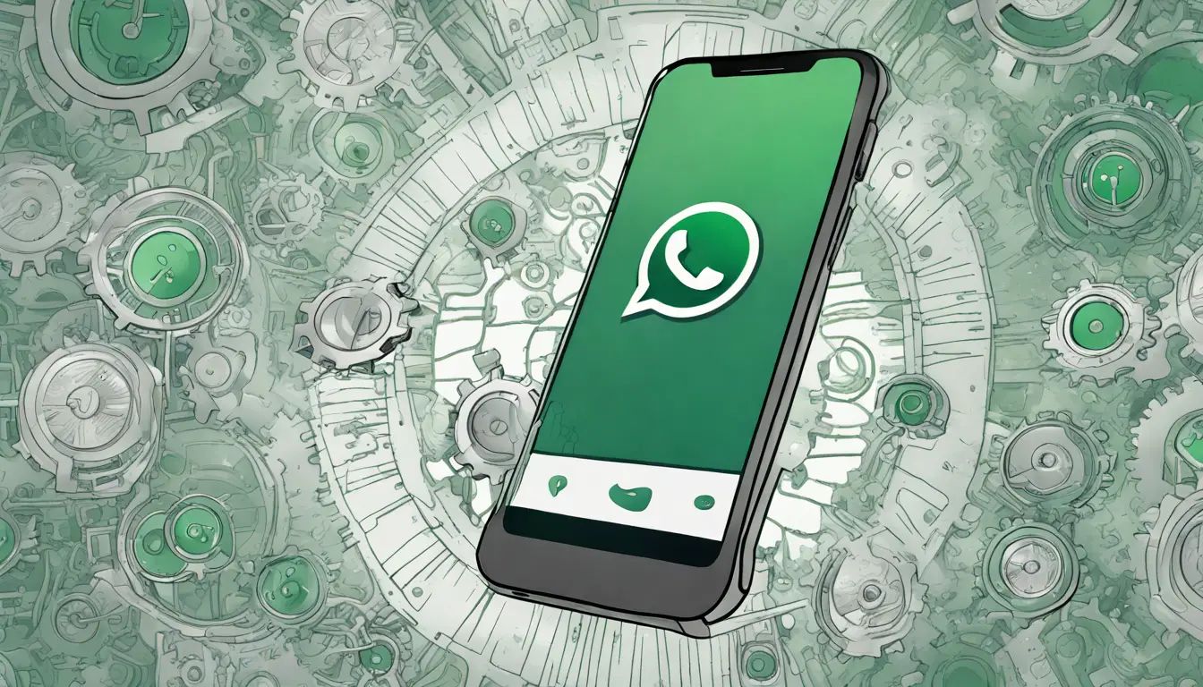 Smartphone com interface de chat WhatsApp, ícones de notificação, engrenagens e padrões de circuito em tons de verde e cinza.