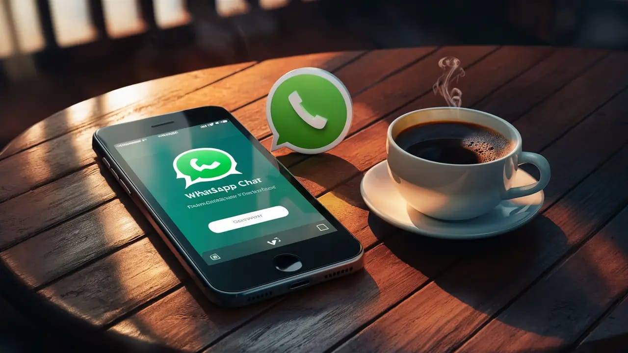 Smartphone na mesa com tela de recuperação de chat do WhatsApp e ícone de marca de seleção verde ao lado.