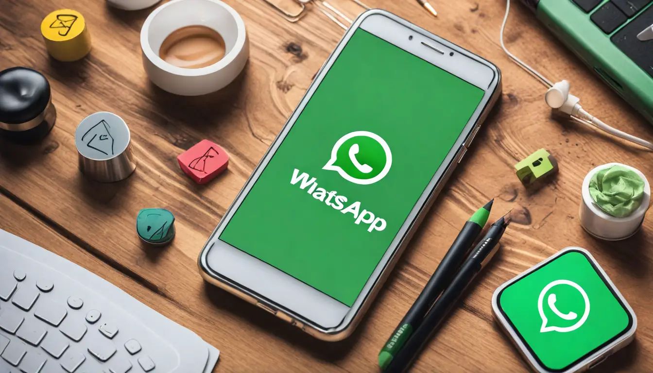 Tela de smartphone com logo do WhatsApp cercado por ícones de mensagens e ferramentas de marketing em uma mesa de madeira.