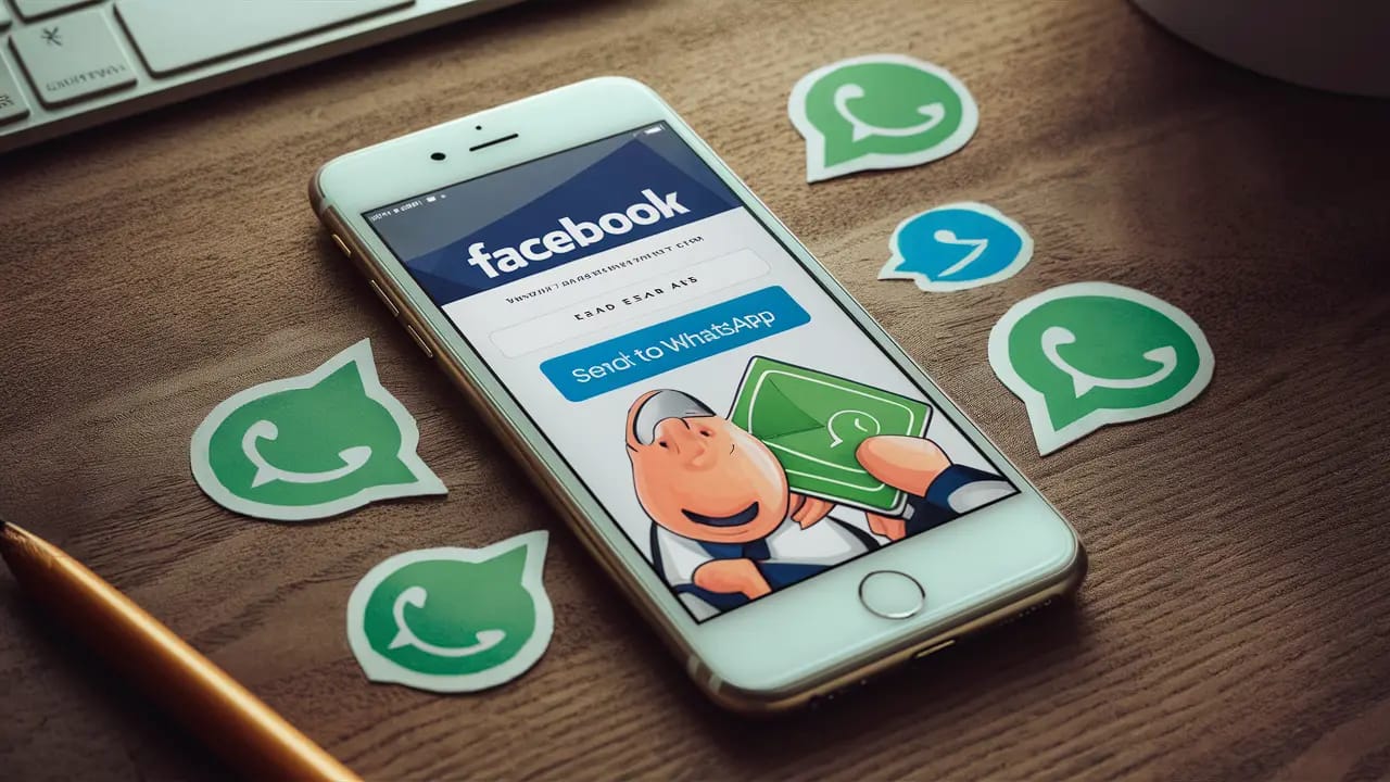 Smartphone exibe anúncio do Facebook com botão 'Enviar para WhatsApp', cercado por bolhas de chat verde e azul.