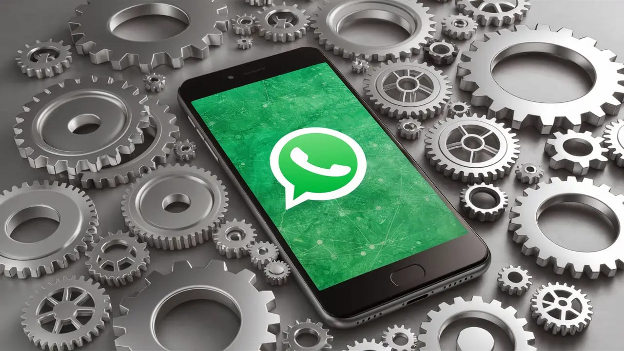 Ícone do WhatsApp em smartphone cercado por engrenagens metálicas simbolizando automação.