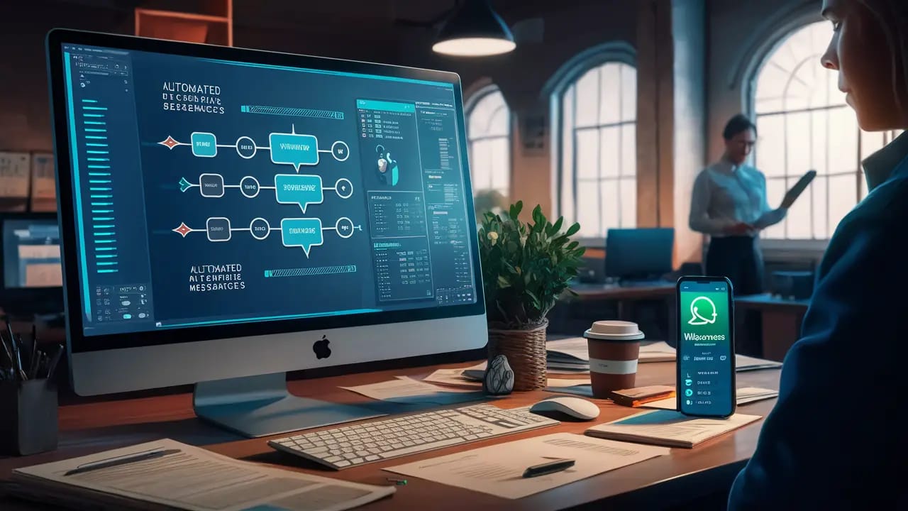 Tela de computador com fluxograma de mensagens automáticas e smartphone mostrando interface do WhatsApp Business.