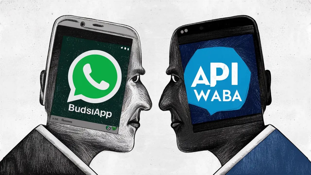 Dois smartphones de frente, um com logo verde do WhatsApp Business e outro com logo azul do API WABA.