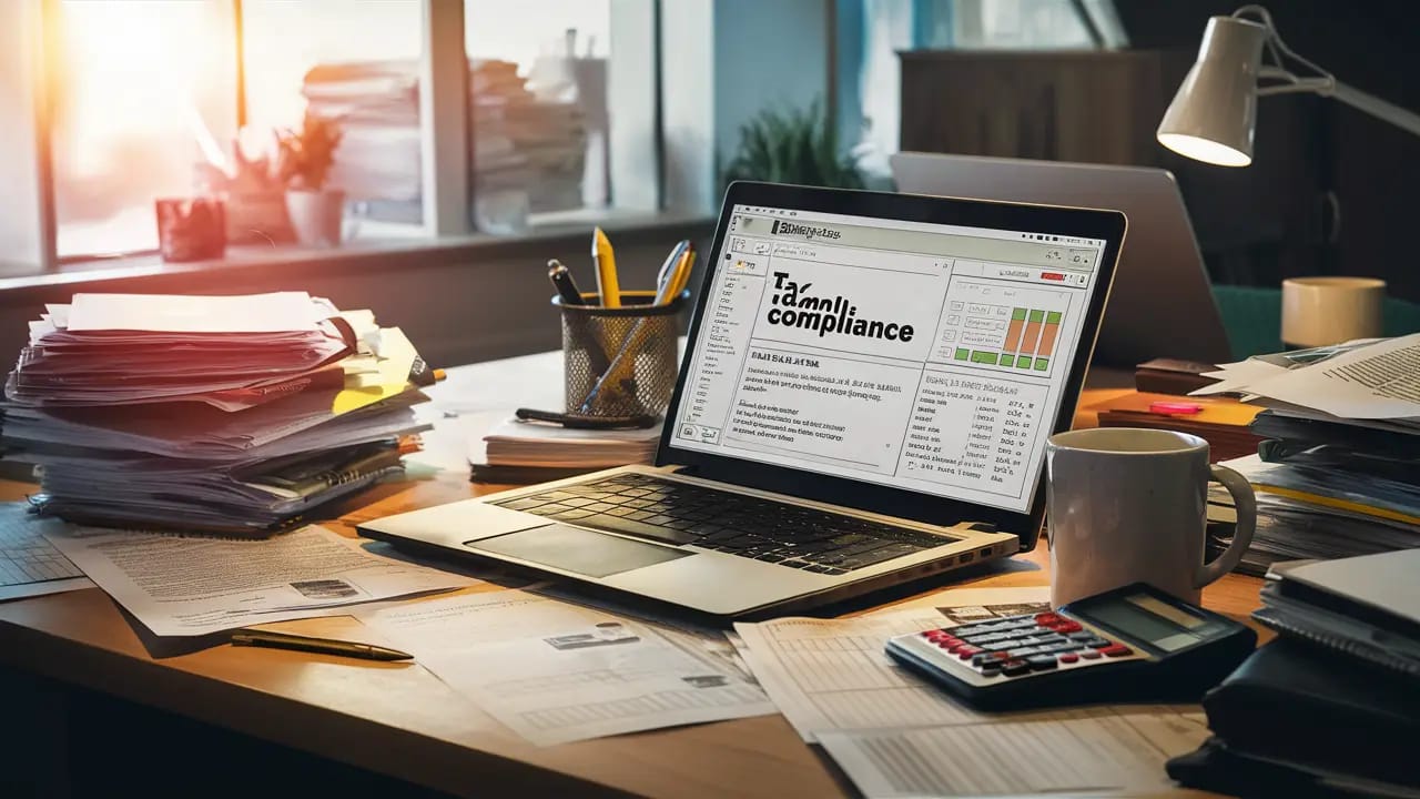 Computador com software fiscal em mesa desordenada com papéis, calculadora, caneca e porta-canetas durante o dia.