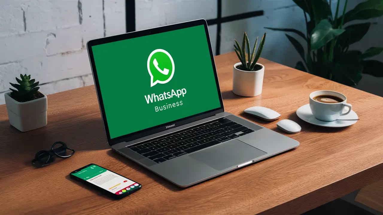 Computador portátil com logo do WhatsApp Business e smartphone mostrando mensagens em mesa de escritório.