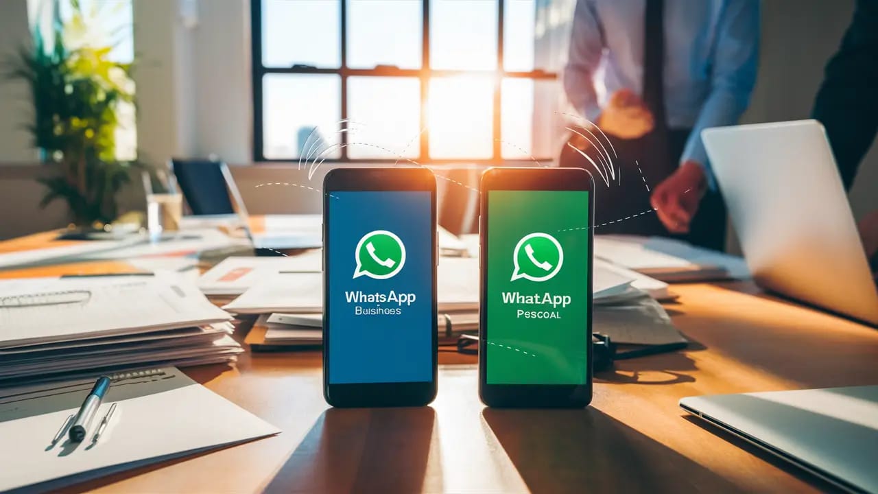 Duas smartphones em uma mesa de escritório, um com WhatsApp Business em azul e outro com WhatsApp Pessoal em verde.