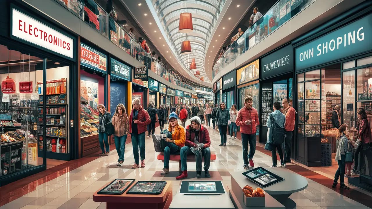 Shopping mall com lojas físicas e telas de compras online, mostrando integração de e-commerce com tablets e laptops.