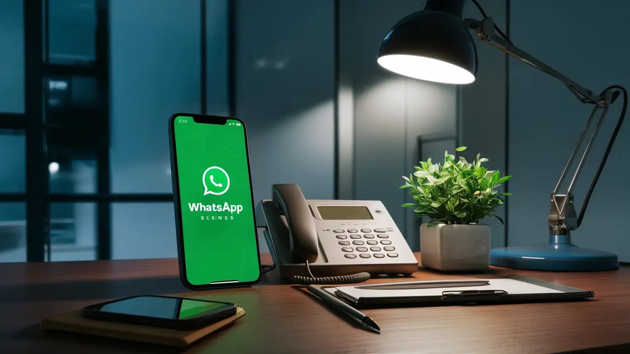 Smartphone com tela do WhatsApp Business ao lado de telefone fixo em mesa de madeira com planta e luminária.