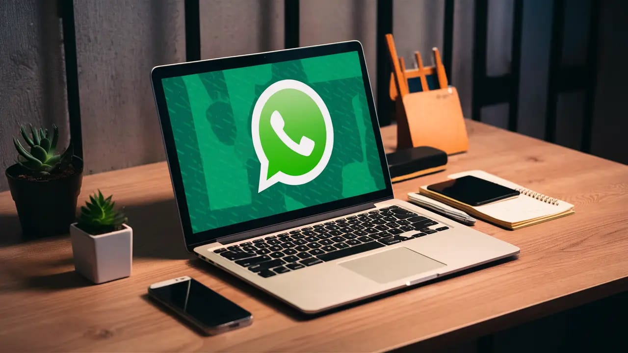 Computador com logotipo do WhatsApp em uma mesa de escritório com smartphone, bloco de notas e planta.