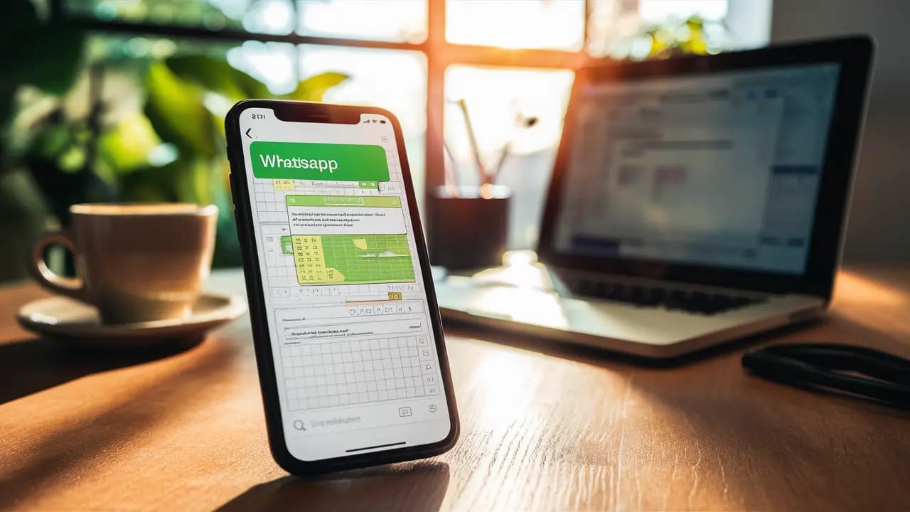 Smartphone com chat do WhatsApp exibindo planilha orçamentária em mesa com laptop e xícara de café ao fundo.