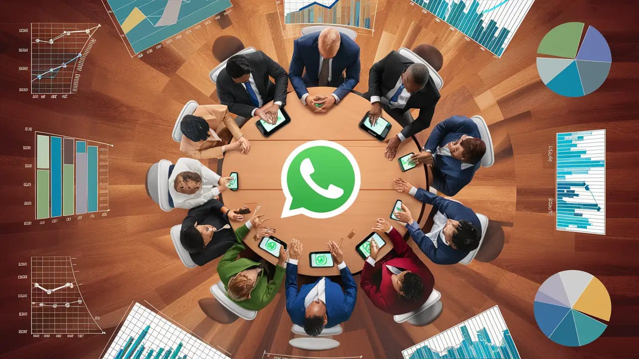 Profissionais de negócios usando dispositivos móveis com o logo do WhatsApp em uma sala de reunião moderna.