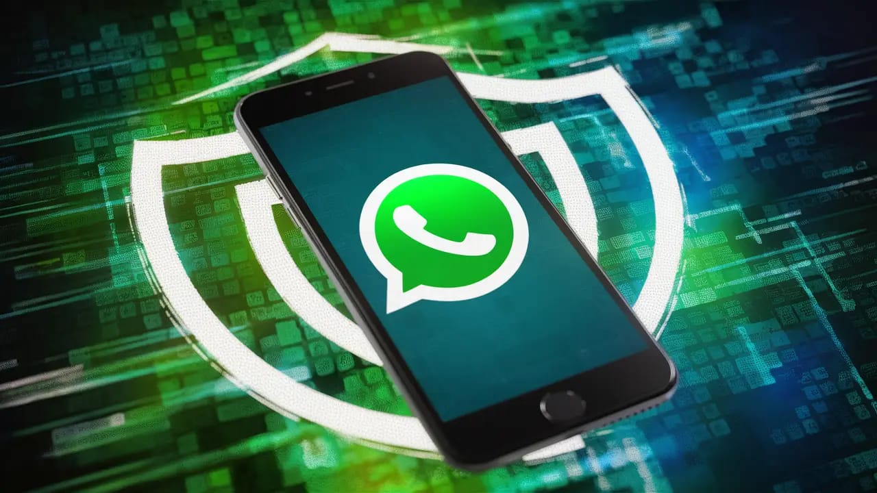 Smartphone com logo do WhatsApp na tela cercado por símbolo de escudo digital, tons de verde e azul ao fundo.