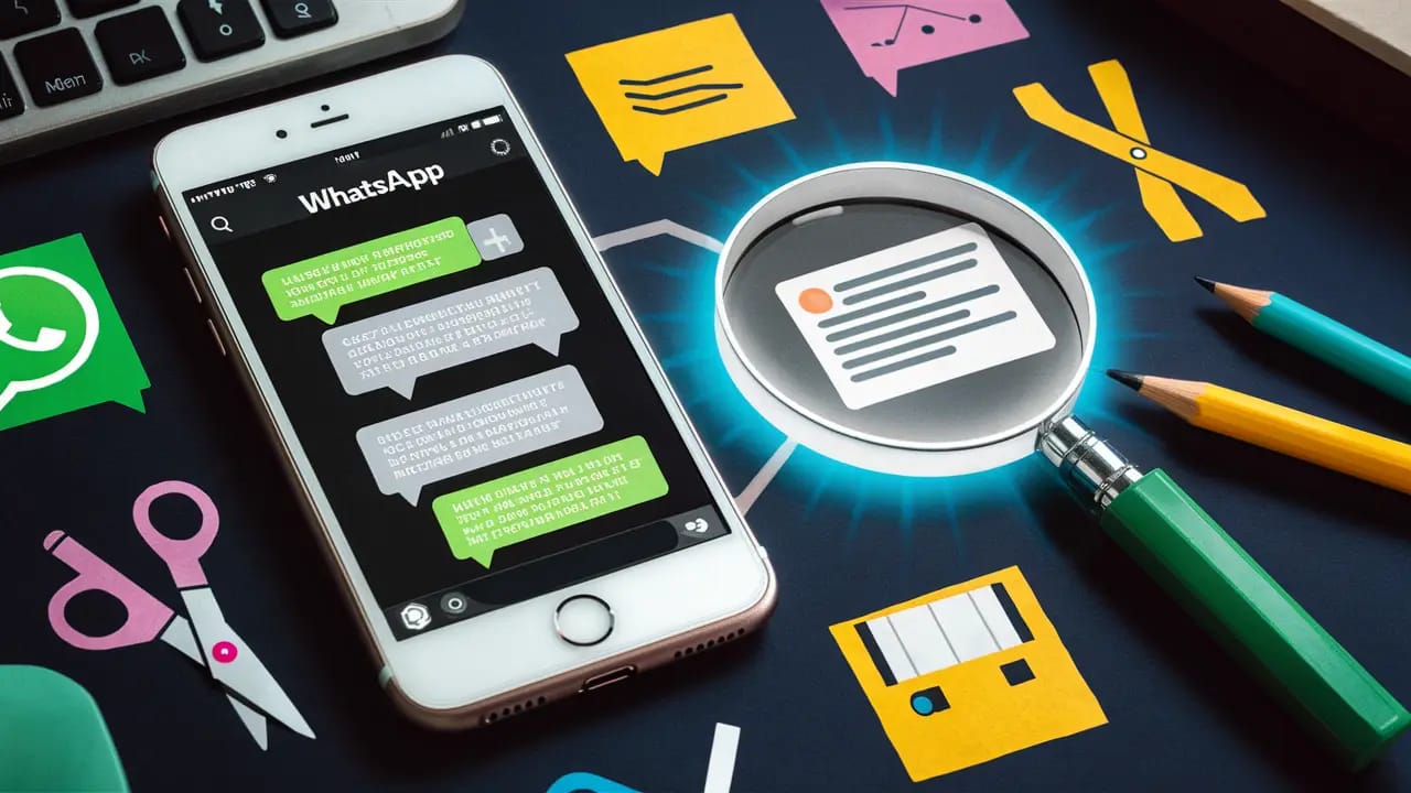 Smartphone exibindo interface do WhatsApp com lupa ampliando chat e ícones de ferramentas ao redor.