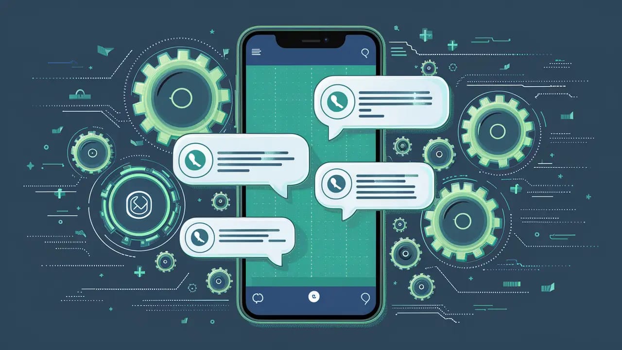 Tela de smartphone com interface de chat do WhatsApp e ícones de automação ao redor, em azul e verde.