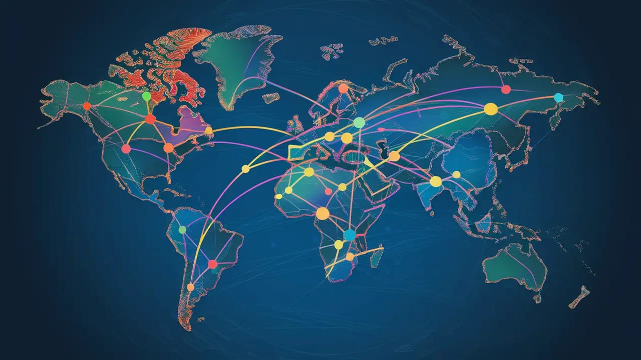 Mapa mundial com linhas e nós coloridos, simbolizando conectividade digital global, sobre fundo azul escuro.