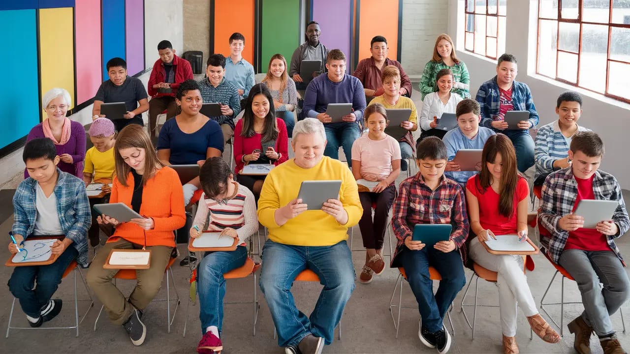 Grupo diversificado de estudantes usando tablets em uma sala de aula moderna com paredes coloridas e luz natural.