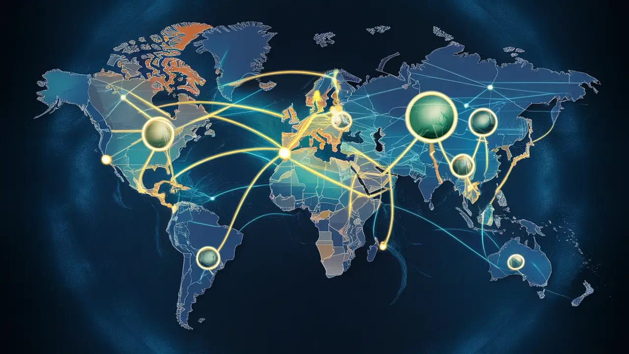 Mapa digital com continentes destacados e linhas brilhantes interconectadas, lupas em países diversos.