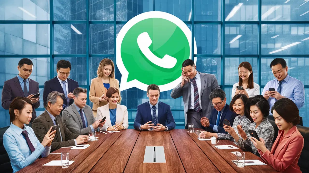 Profissionais em mesa de conferência usando smartphones para chat no WhatsApp Business, com janela mostrando paisagem urbana.