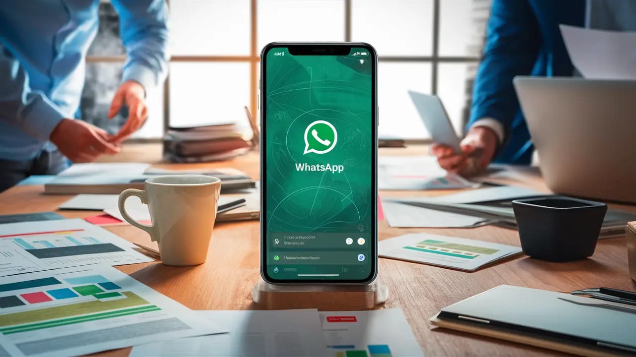 Smartphone com interface do WhatsApp em mesa de escritório com documentos, laptop e xícara de café.