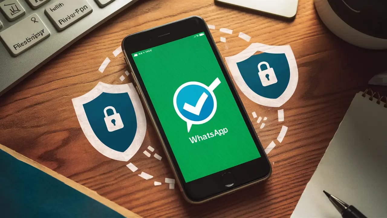 Tela do WhatsApp em smartphone com um tique azul, ícones de privacidade e cadeado sobre mesa de madeira.