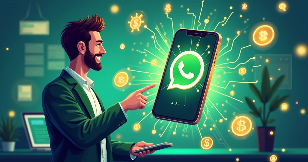 Ilustração de smartphone com logo do WhatsApp rodeado por ícones de APIs e símbolos de dólares.