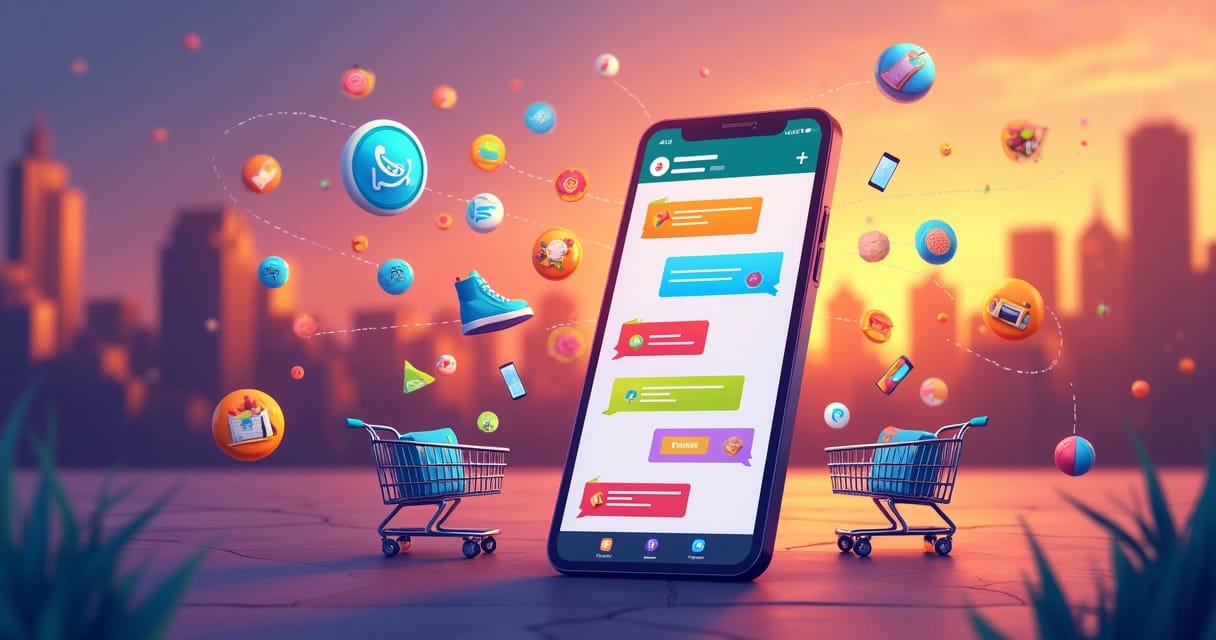Ilustração de smartphone com promoções no WhatsApp, cercado por ícones coloridos de produtos e um fundo de cidade ao entardecer.