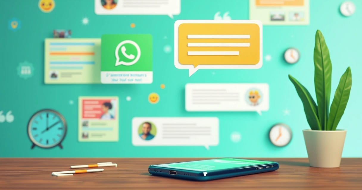 Interface do WhatsApp com mensagens automáticas, smartphone e elementos de comunicação positiva.