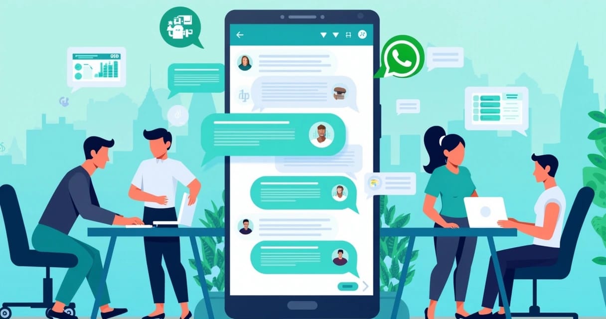 Ilustração mostrando um smartphone com chats do WhatsApp e bots interagindo, em ambiente de vendas moderno.