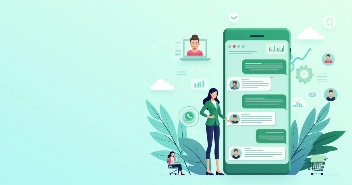 Ilustração de um smartphone exibindo WhatsApp com interações de atendimento ao cliente e gráficos de vendas.
