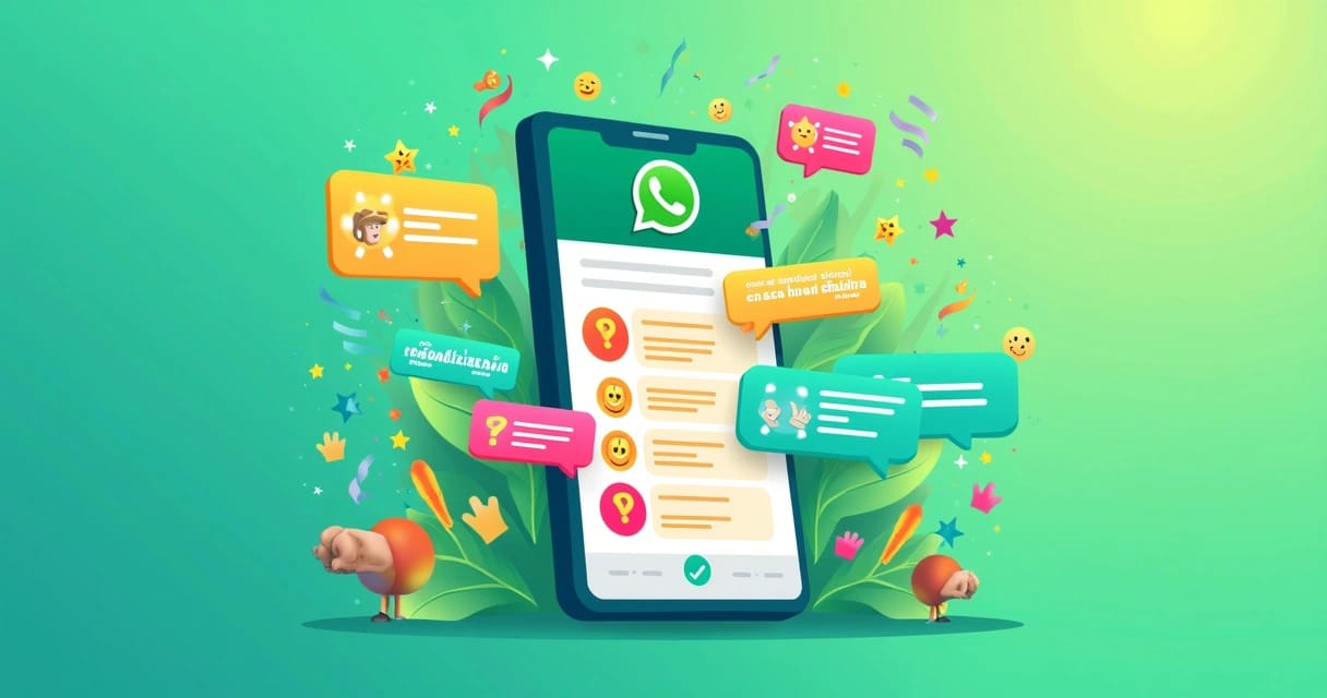 Ilustração de uma tela de chat do WhatsApp com dicas de engajamento, ícones coloridos e fundo vibrante.