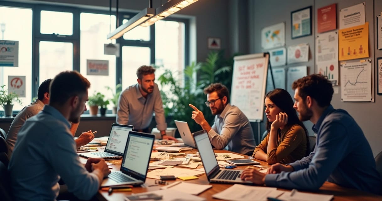 Equipe frustrada discutindo erros na implementação de CRM em um escritório moderno com laptops e anotações.