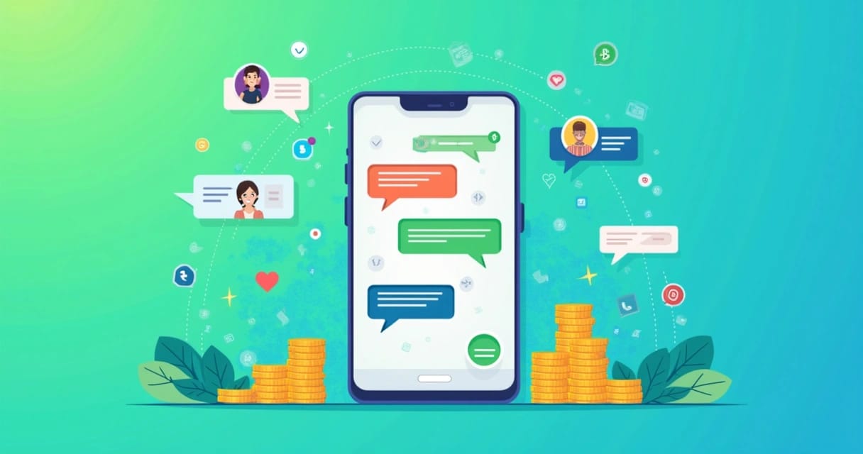 Interface do WhatsApp no centro com estratégias de engajamento ao redor e ícones de mídias sociais.