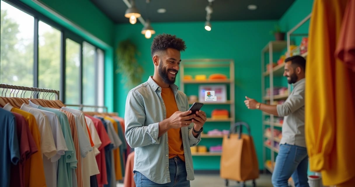 Loja de roupas com cliente usando WhatsApp para fazer compras, prateleiras organizadas e vendedor ajudando outro cliente.