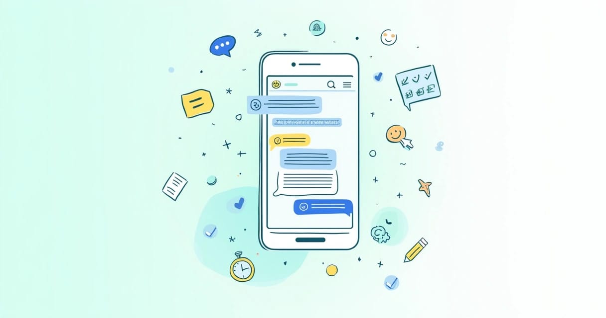 Ilustração de smartphone com mensagens automáticas do WhatsApp em um fundo claro e colorido.