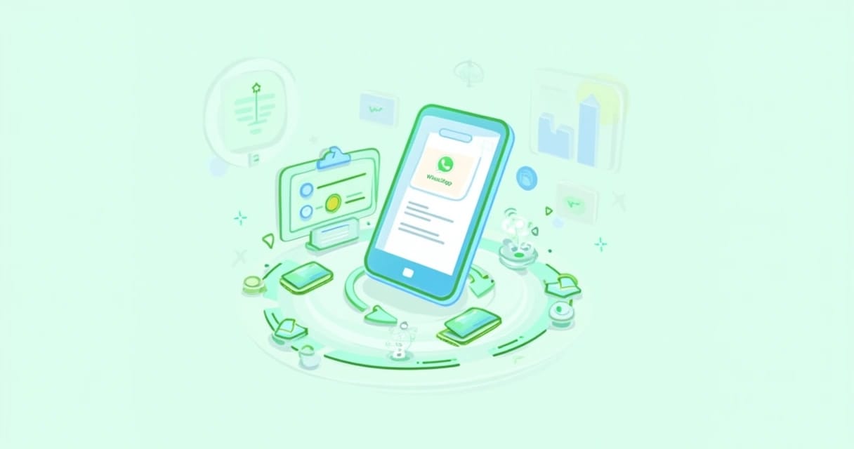 Ilustração de smartphone mostrando o WhatsApp e opções de segmentação de leads com gráficos coloridos.