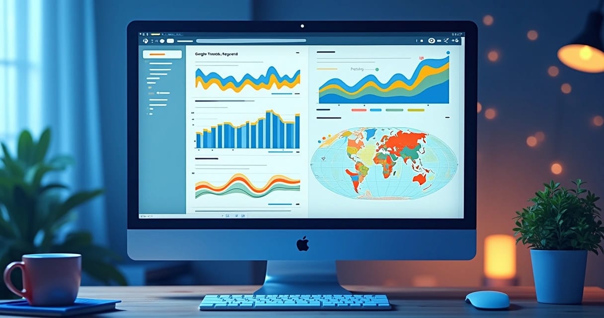 Tela de computador exibindo gráficos coloridos de tendências no Google Trends com mapas de calor e linhas de crescimento